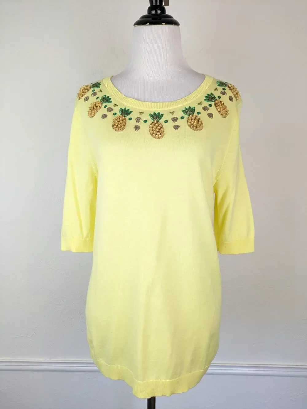 Talbots Sweater Pineapple Beaded Sequins Spring Summer Yellow Novelty Size M